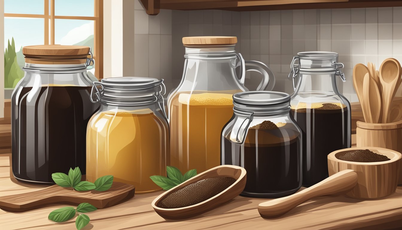 A rustic kitchen with jars of organic molasses, a wooden spoon, and fresh ingredients on a countertop