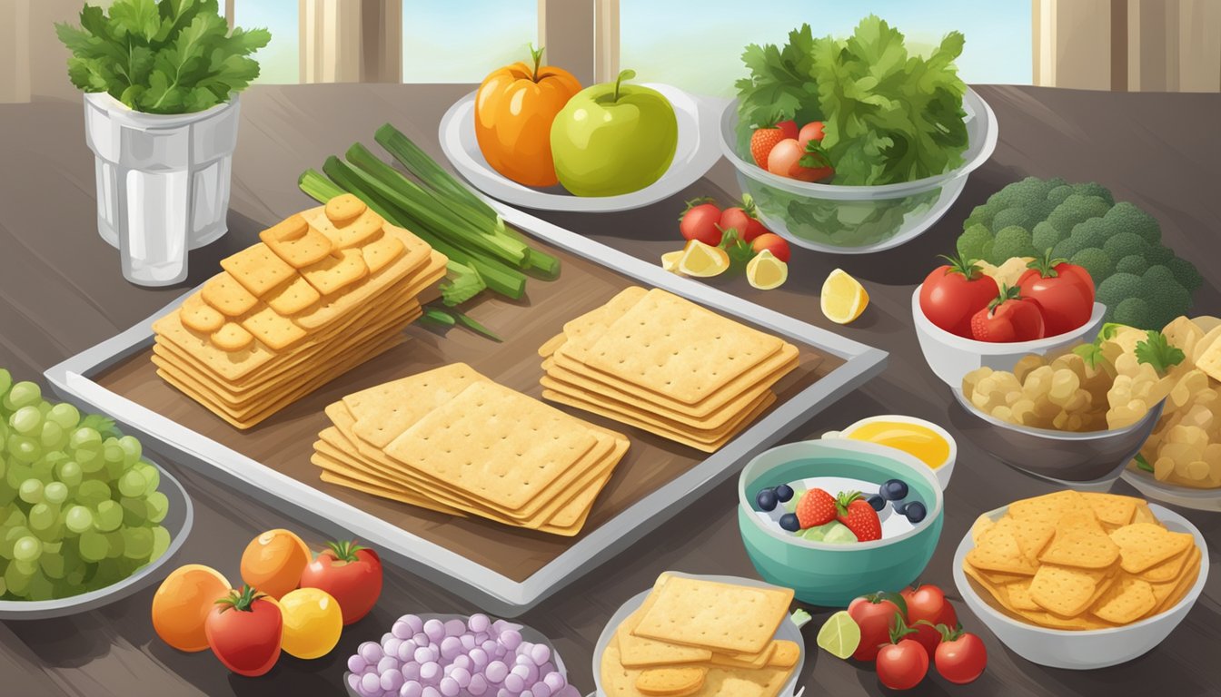 A table with various types of crackers, surrounded by fresh fruits and vegetables, with a glass of water on the side