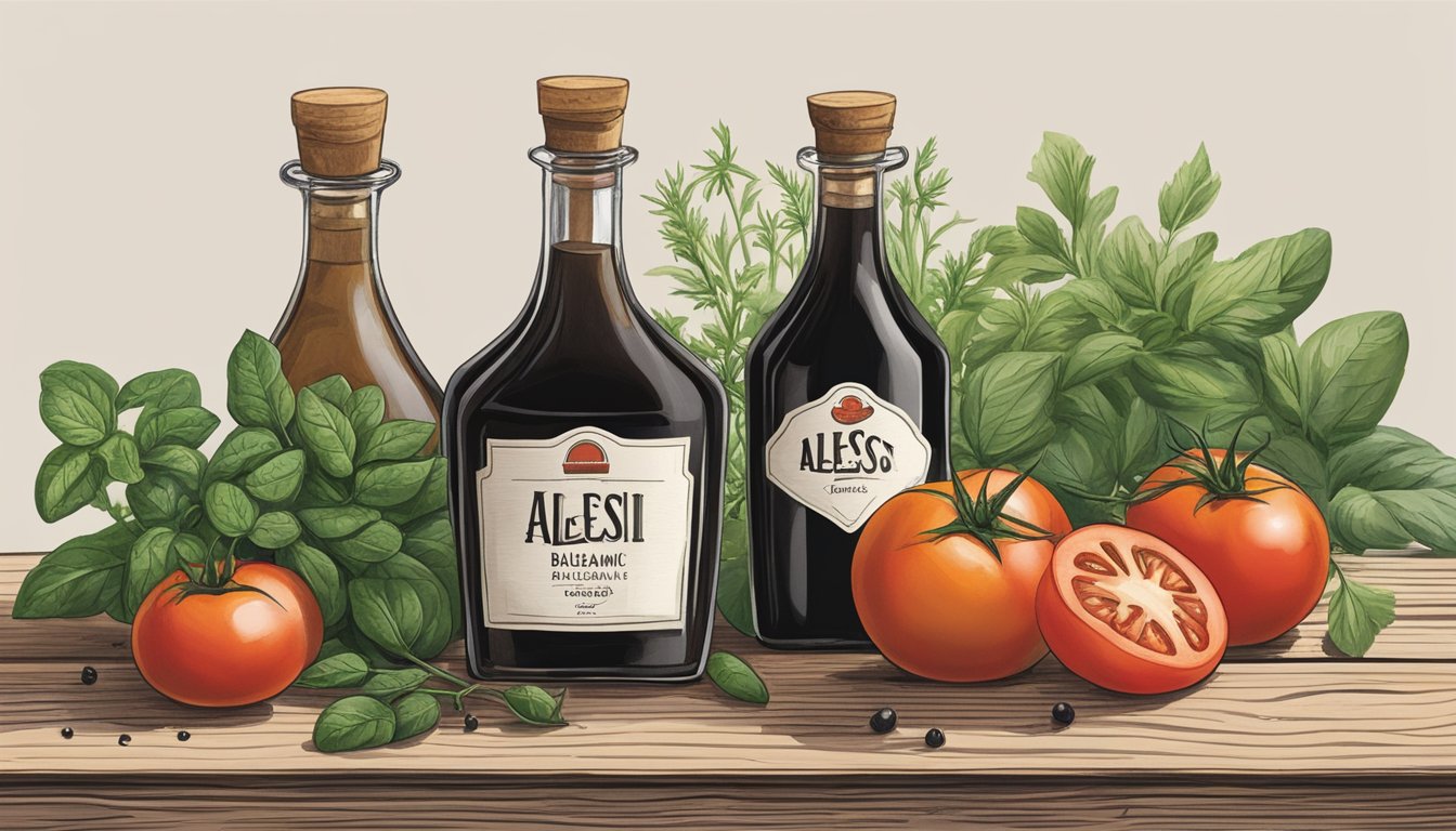 A bottle of Alessi Balsamic Reduction sits on a rustic wooden table, surrounded by fresh herbs, ripe tomatoes, and a drizzle of the rich, dark liquid