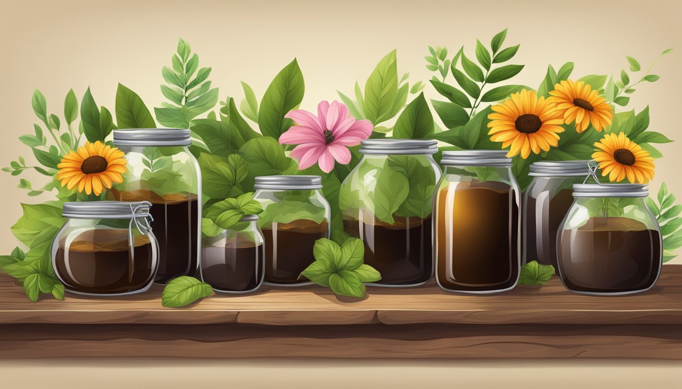 A rustic wooden table with jars of rich, dark molasses, surrounded by lush green leaves and vibrant flowers