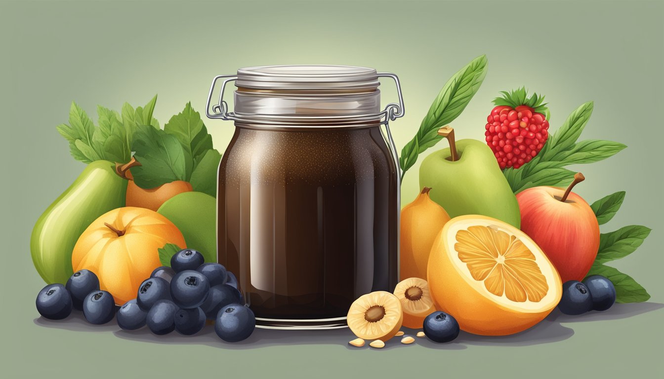 A jar of organic molasses surrounded by fresh, wholesome ingredients like fruits, vegetables, and grains