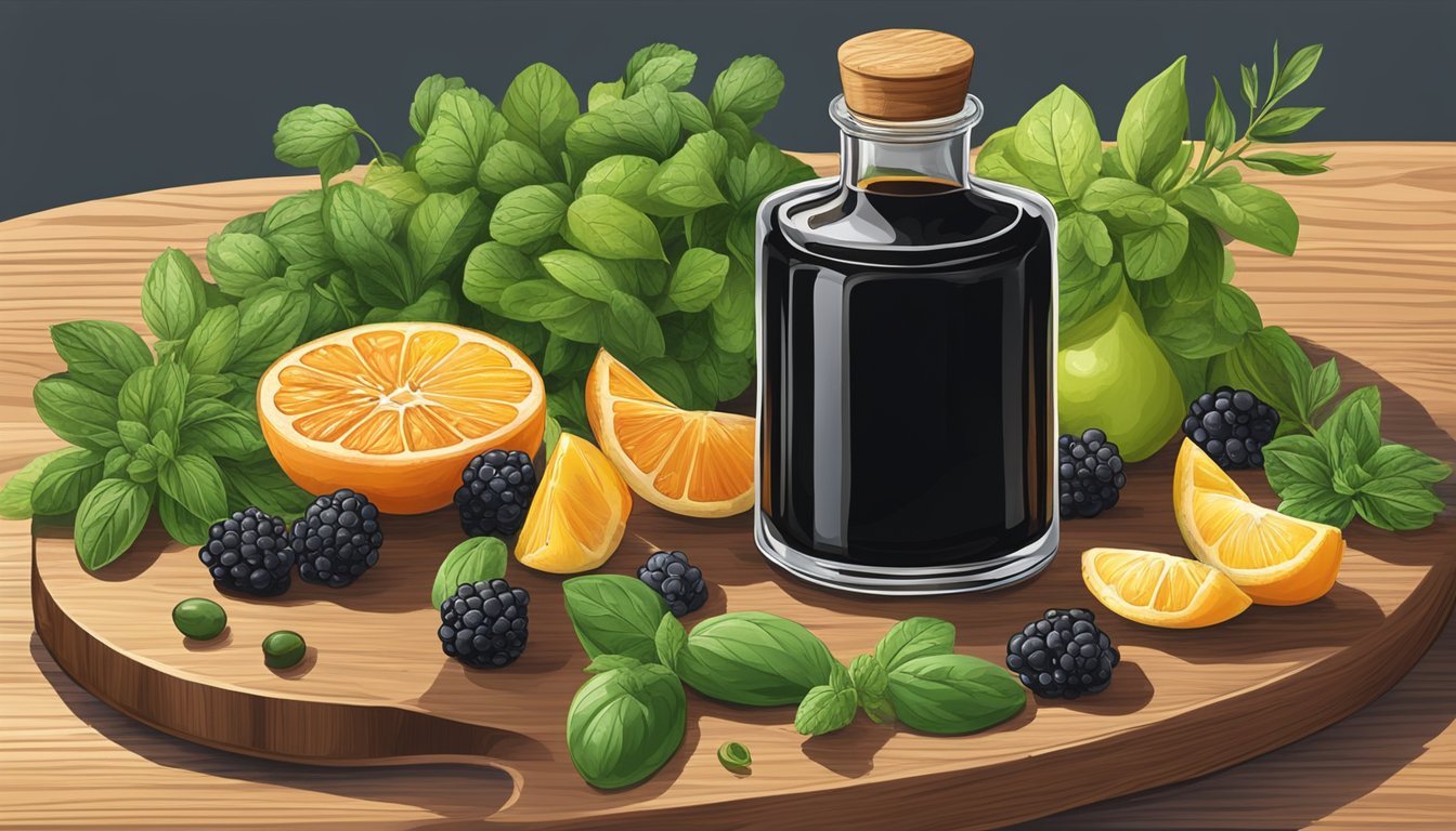 A bottle of Alessi balsamic reduction surrounded by fresh herbs and ripe fruits on a wooden cutting board