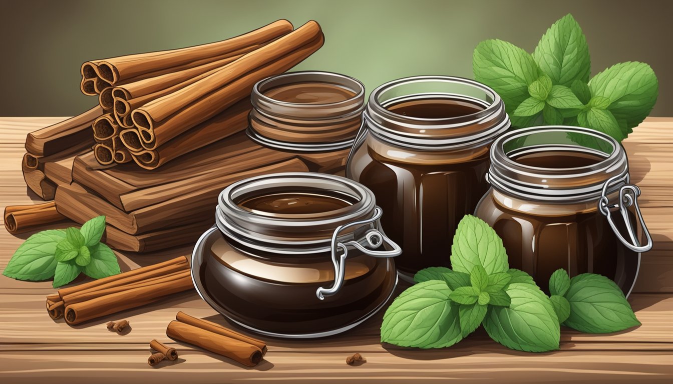 A rustic wooden table with jars of wholesome organic molasses from popular brands, surrounded by sprigs of fresh mint and cinnamon sticks