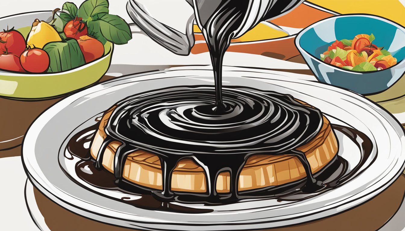 A bottle of Alessi balsamic reduction being drizzled over a plate of colorful, gourmet dishes