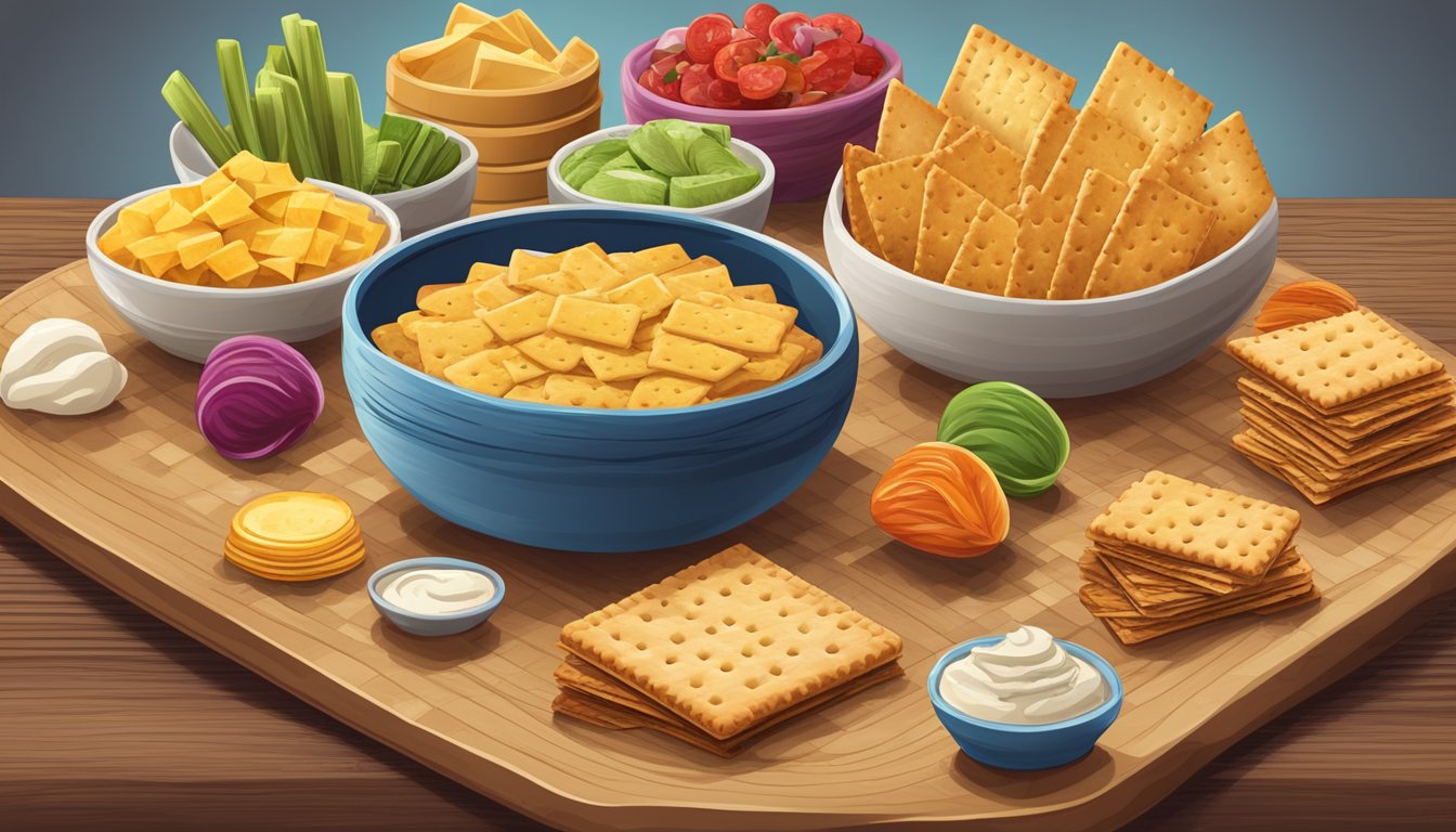 A colorful array of crackers arranged on a wooden cutting board, accompanied by a variety of spreads and toppings