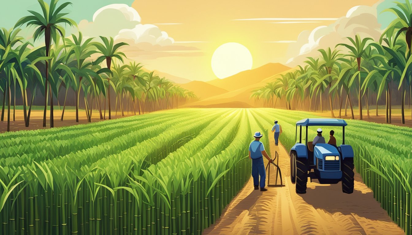 A lush field of sugar cane under a bright sun, with workers harvesting and processing the crop into rich, dark molasses