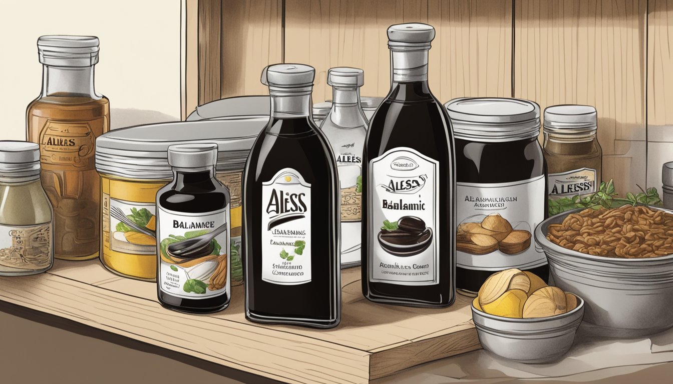 A bottle of Alessi balsamic reduction being placed in a pantry next to other condiments and cooking ingredients