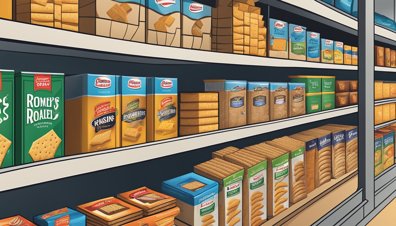 A neatly organized pantry with shelves stocked with various brands of crackers, showcasing the best crackers brand prominently displayed