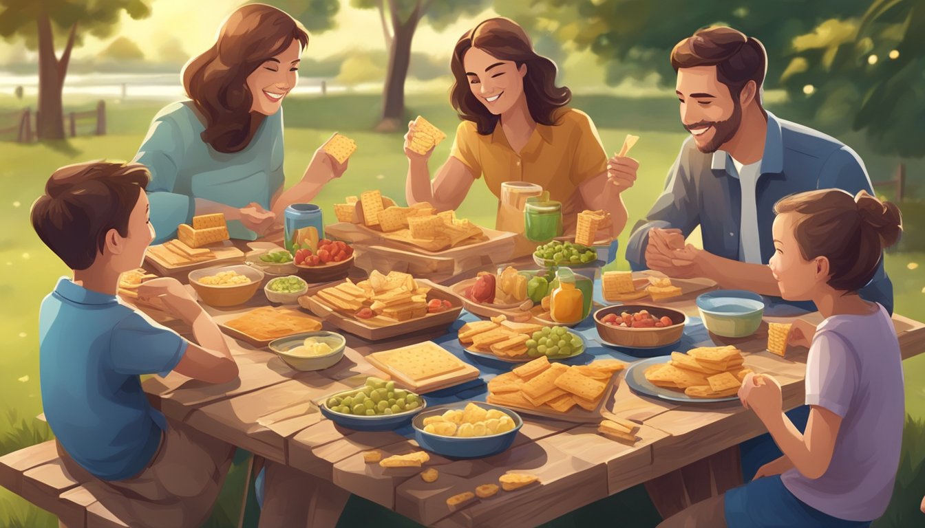 A family picnic with a variety of crackers displayed on a wooden board, surrounded by happy consumers enjoying the snacks