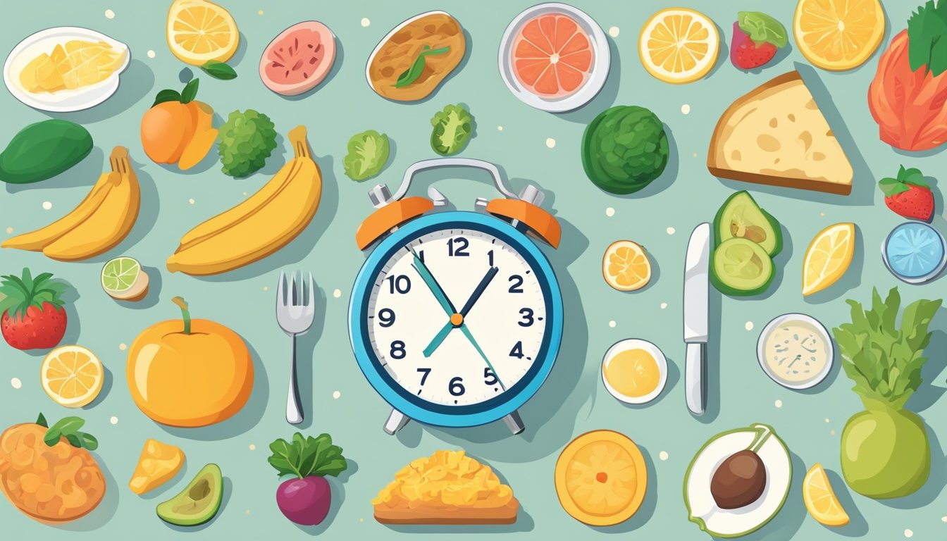 A clock showing 16:8 fasting schedule, surrounded by healthy food options and a person using psychological tricks to manage hunger