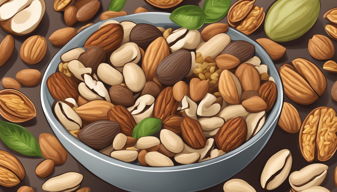 A bowl of mixed nuts surrounded by various types of nuts and seeds