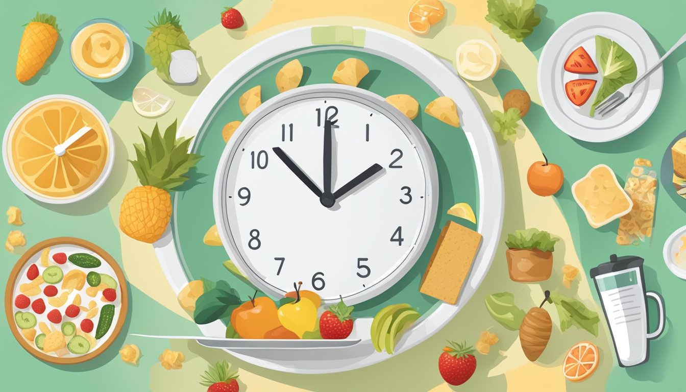 A clock showing 16:8 fasting schedule with an empty plate and a full plate, surrounded by images of healthy food and tempting snacks