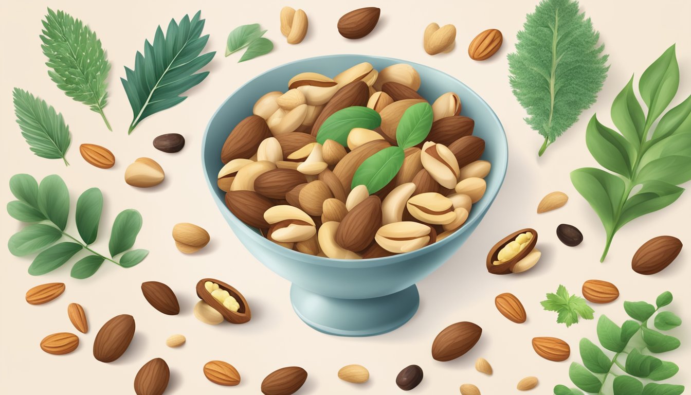 A bowl of mixed nuts surrounded by various plant ingredients and allergen warning symbols