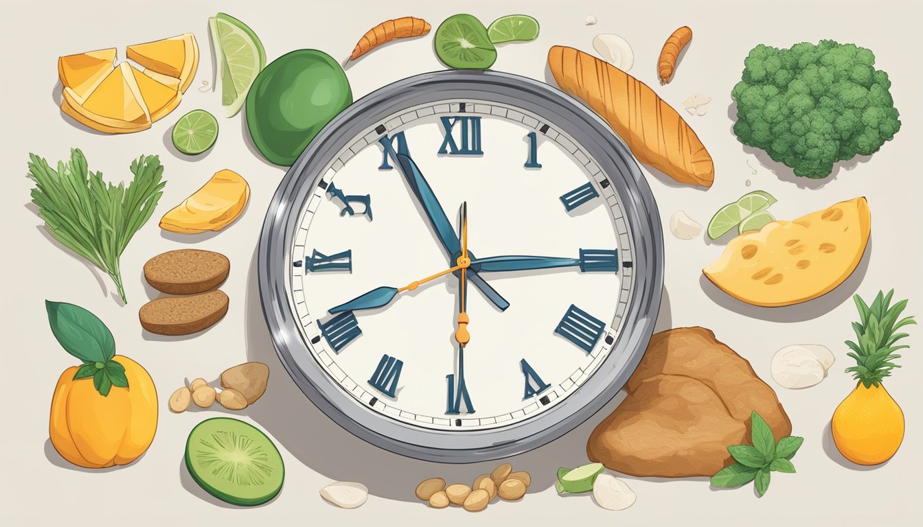 A clock showing 16:8 fasting schedule with food and hunger cues