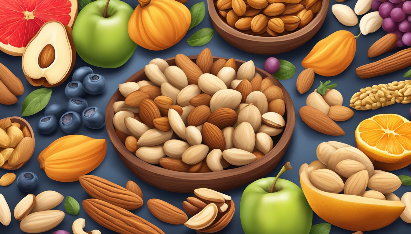 A colorful array of mixed nuts, including almonds, cashews, and peanuts, surrounded by vibrant fruits and spices