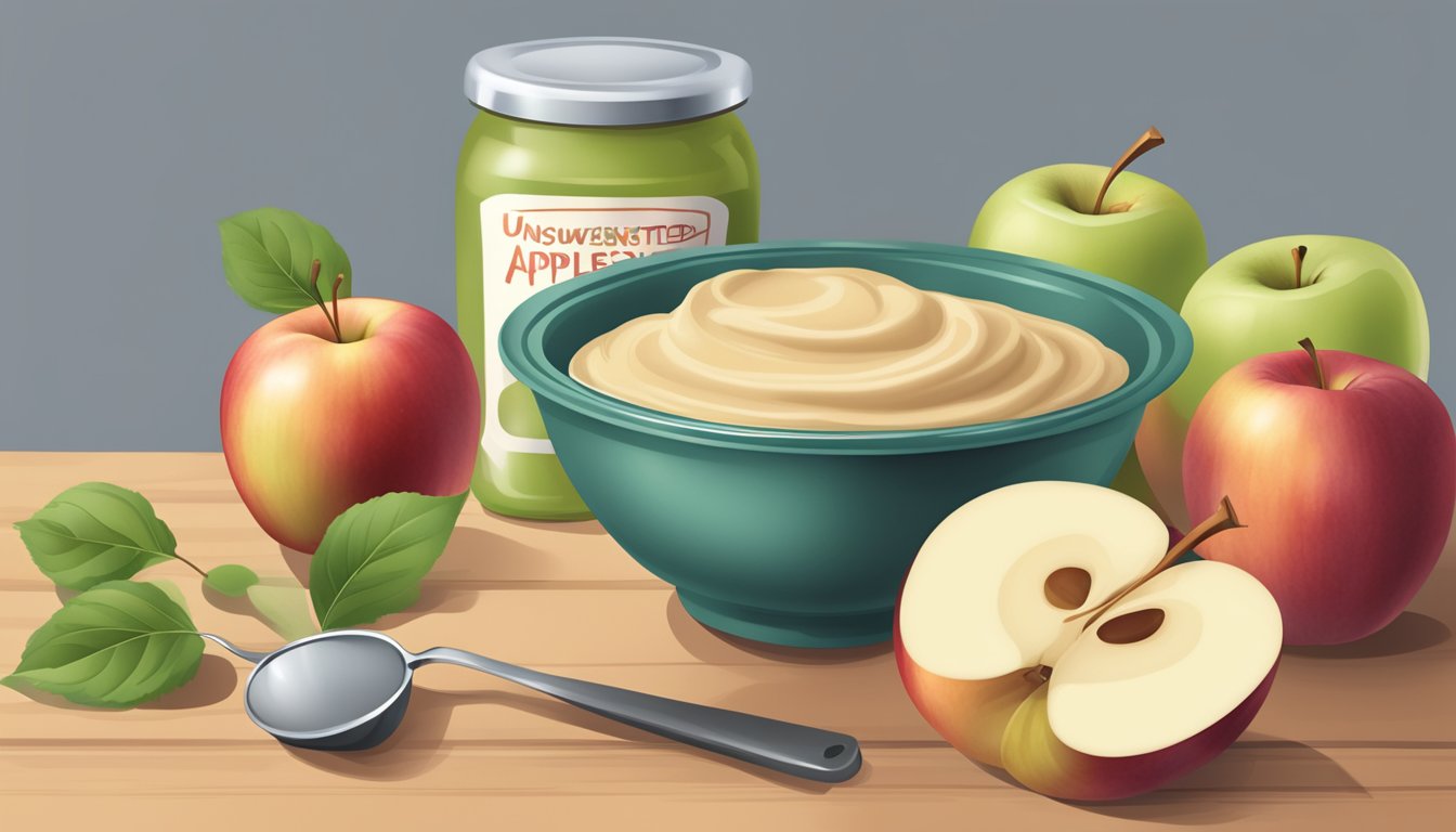 A bowl of unsweetened applesauce surrounded by fresh apples and a measuring cup