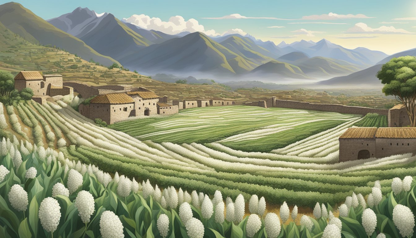 A field of white quinoa plants stretching across the Andean highlands, with a backdrop of ancient ruins and traditional Quechua villages