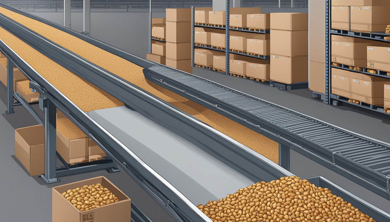 A conveyor belt carries assorted nuts into labeled packaging at a bustling plant. Rows of stacked boxes await loading in a spacious warehouse