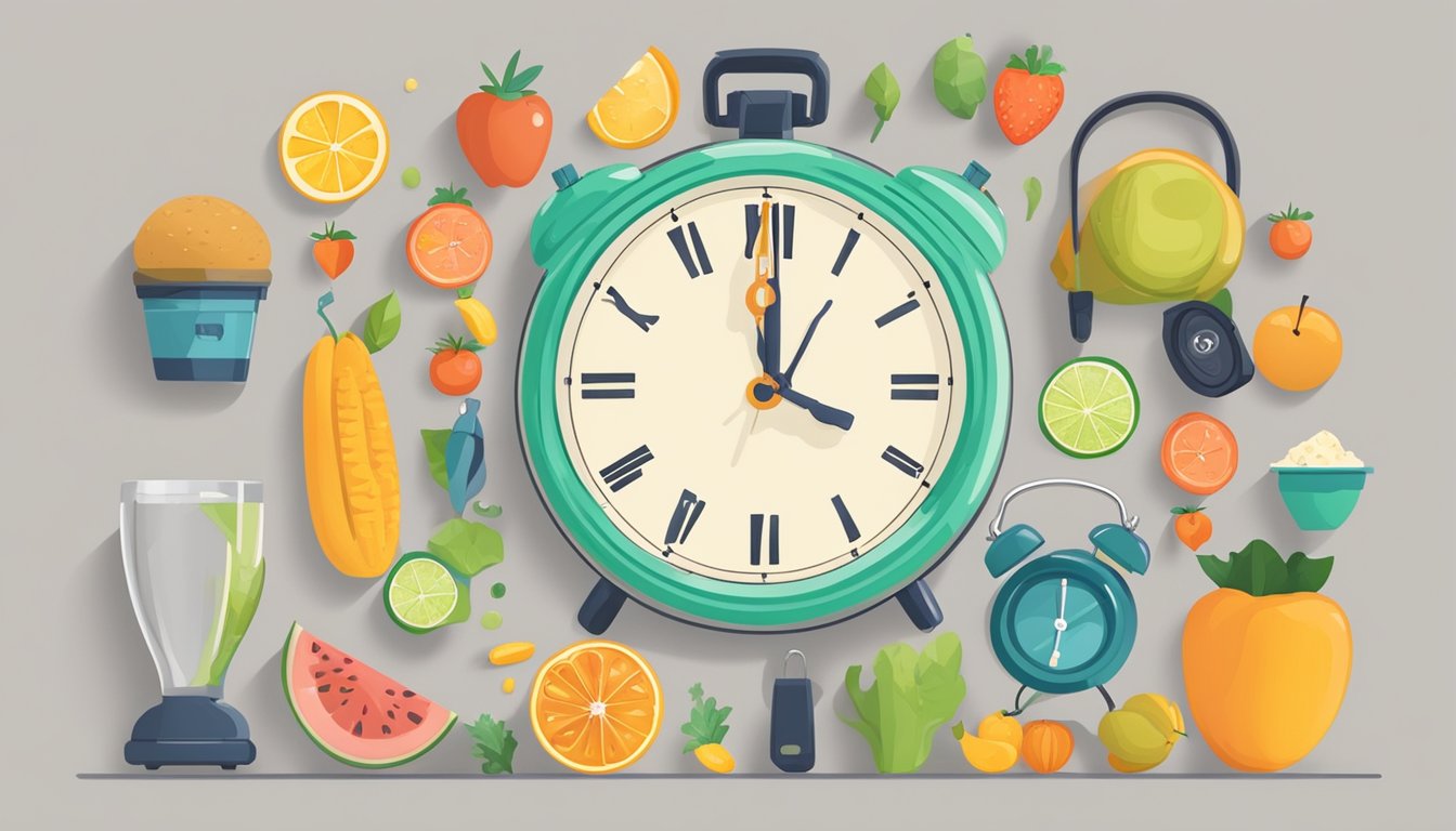 A clock showing 16:8 fasting schedule, surrounded by healthy food and exercise equipment, with a key symbolizing longevity