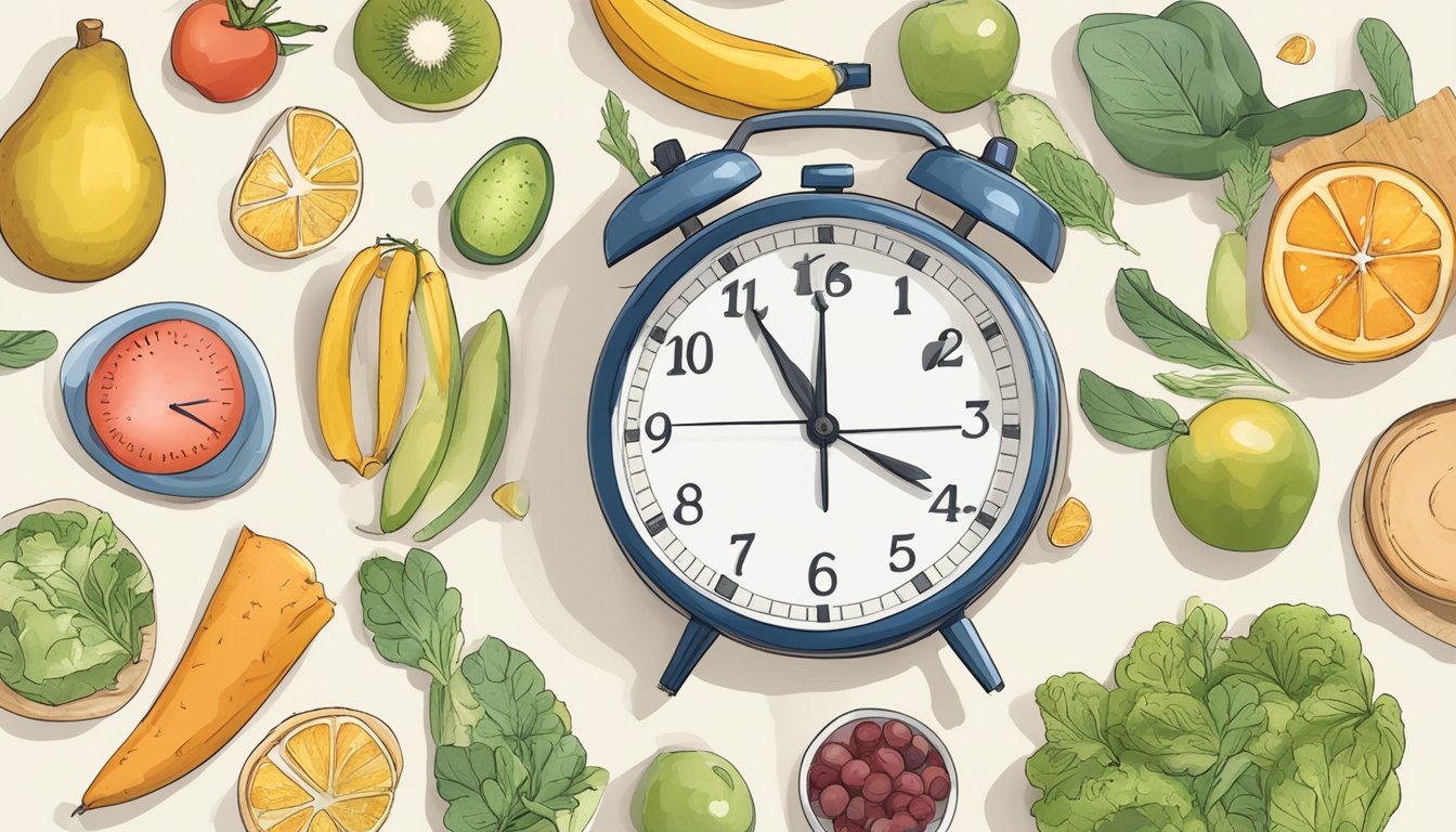 A clock showing 16:8 fasting schedule, surrounded by healthy food and a journal for tracking progress