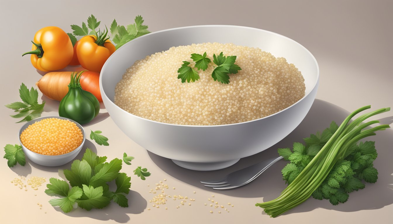 A bowl of cooked white quinoa with a fork beside it, surrounded by a variety of fresh ingredients such as vegetables and herbs