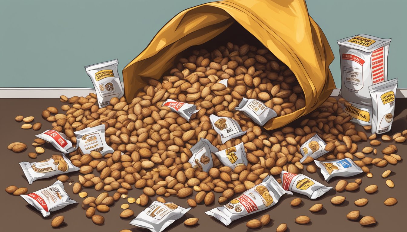 A variety of nuts spilling out of a toppled bag, surrounded by scattered warning labels and caution signs