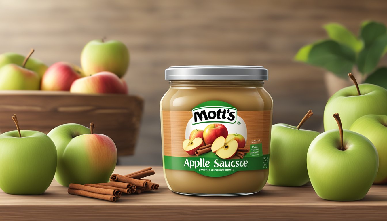 A jar of Mott's unsweetened applesauce surrounded by fresh apples and cinnamon sticks on a wooden tabletop