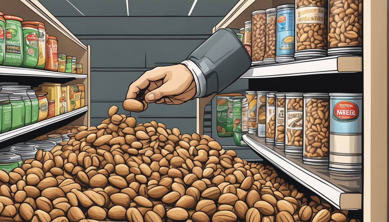 A hand reaching for a can of mixed nuts on a grocery store shelf