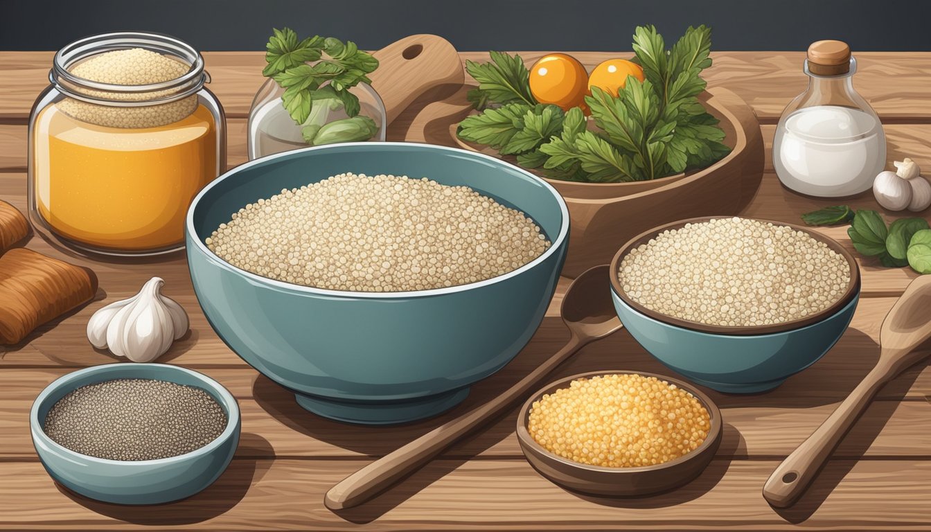 A bowl of white quinoa surrounded by various ingredients and cooking utensils on a wooden kitchen countertop