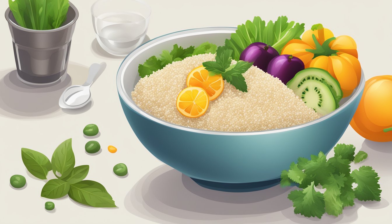 A bowl of cooked white quinoa surrounded by fresh vegetables and fruits, with a glass of water on the side