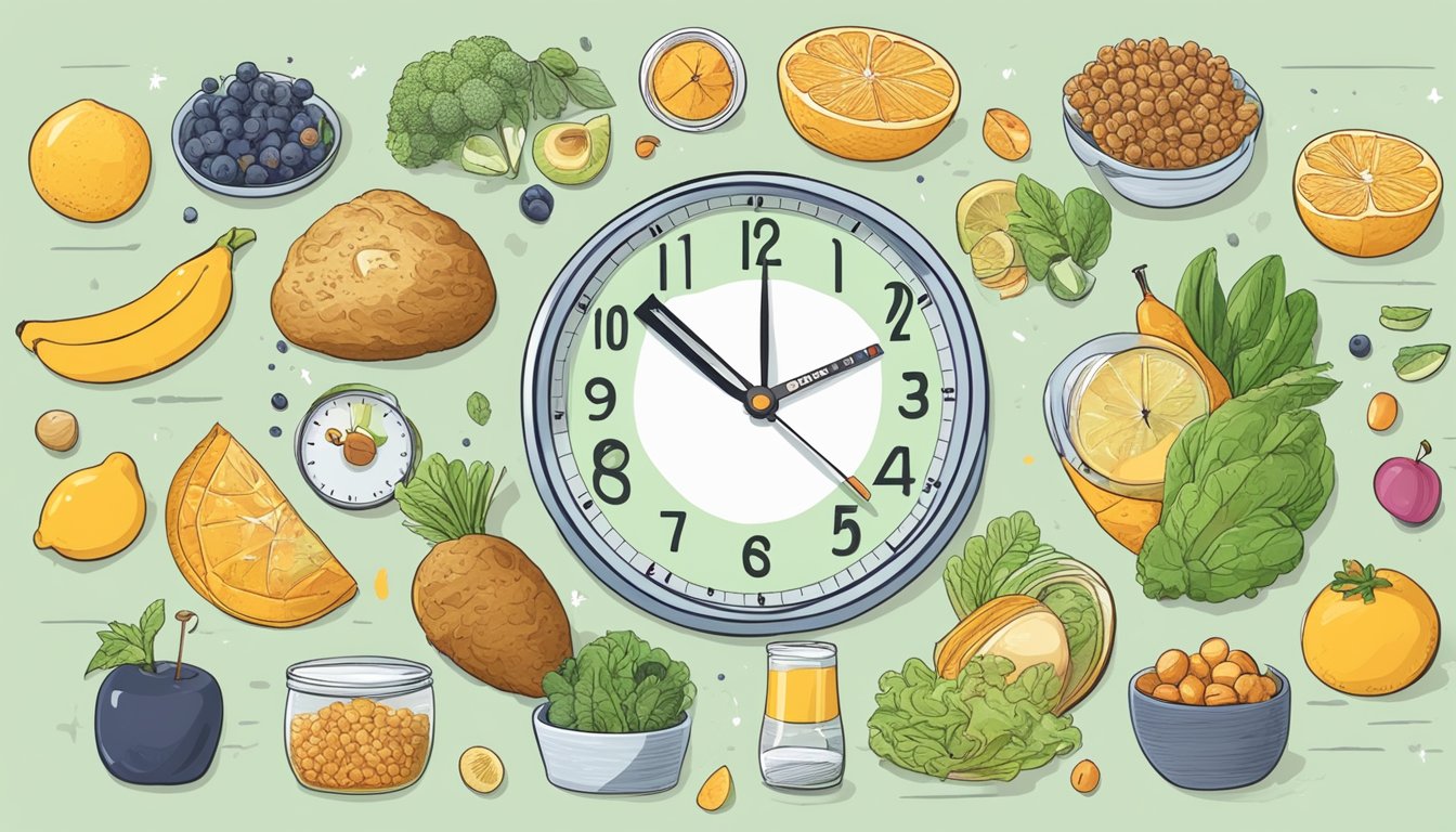 A clock showing 16:8 fasting schedule surrounded by various healthy foods and scientific research materials