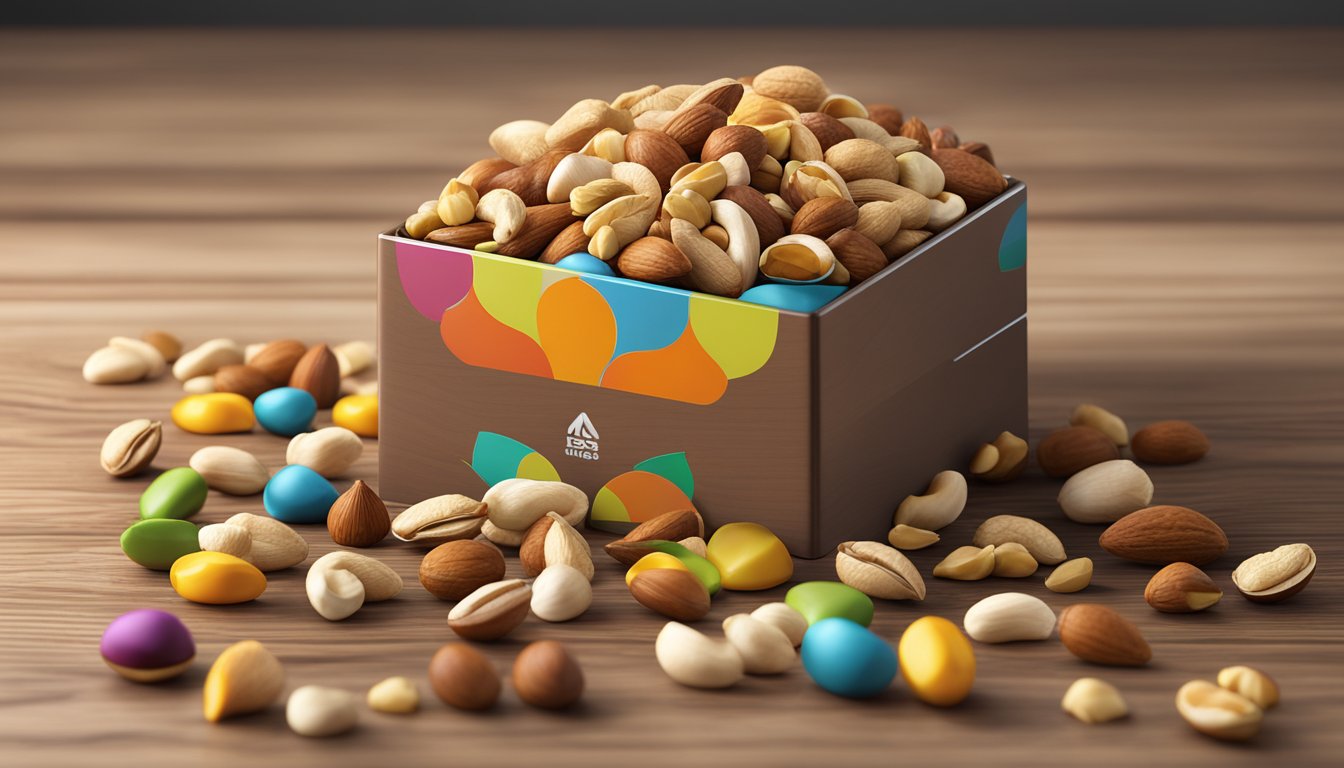 A colorful array of Planters mixed nuts spill out from a sleek, modern packaging onto a rustic wooden table, surrounded by scattered nut shells