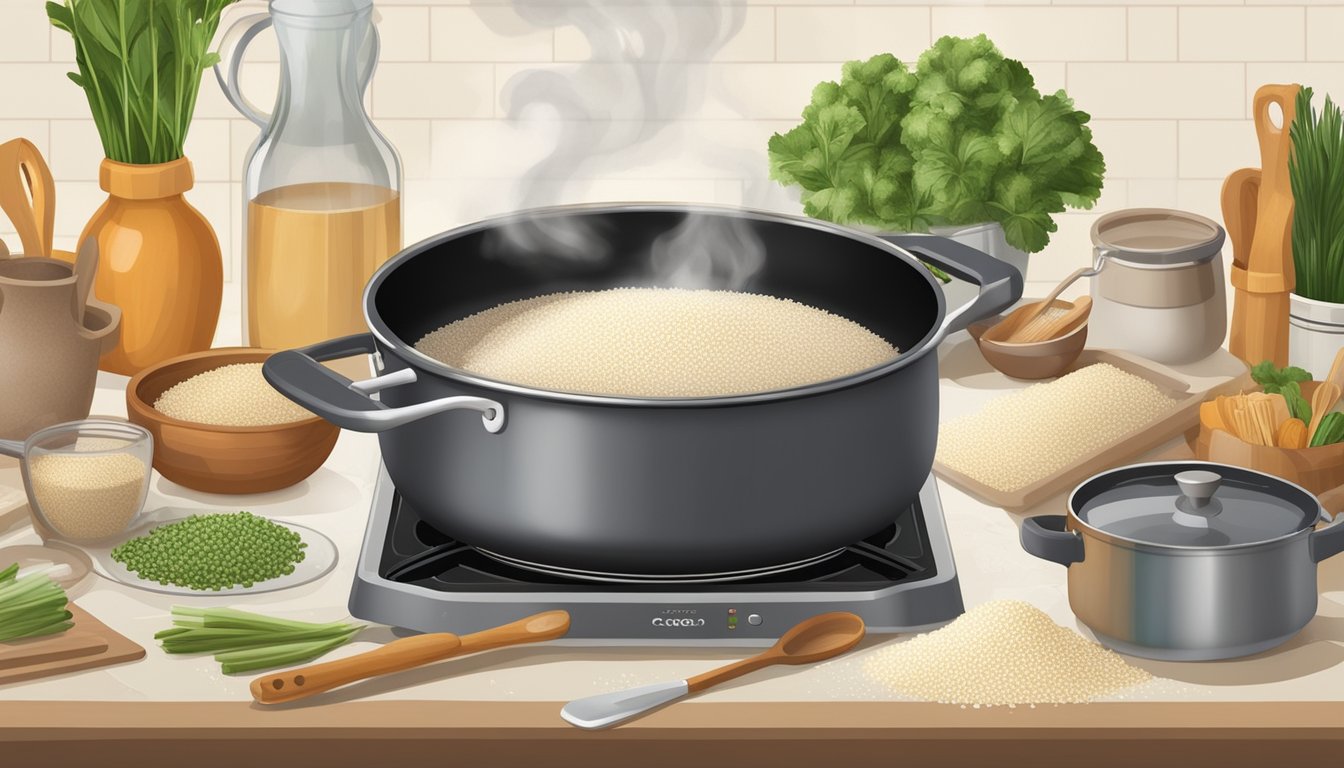 A pot of white quinoa simmering on a stovetop, steam rising, surrounded by various cooking utensils and ingredients