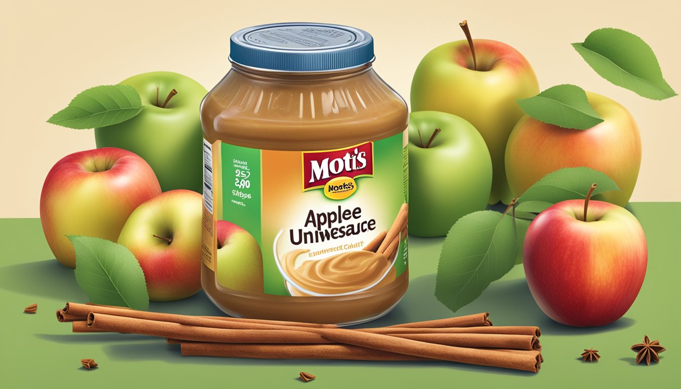 A jar of Mott's unsweetened applesauce surrounded by fresh, whole apples and a scattering of cinnamon sticks