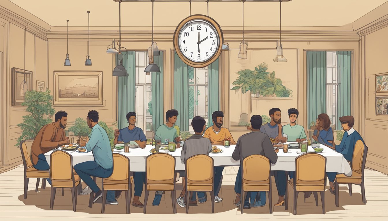 A dining table with a clock showing 8-hour window. People socializing while some are eating and others are not. A calendar with fasting schedule on the wall