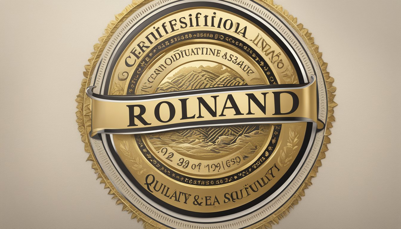 A golden seal of "Certification and Quality" on a bag of Roland quinoa white