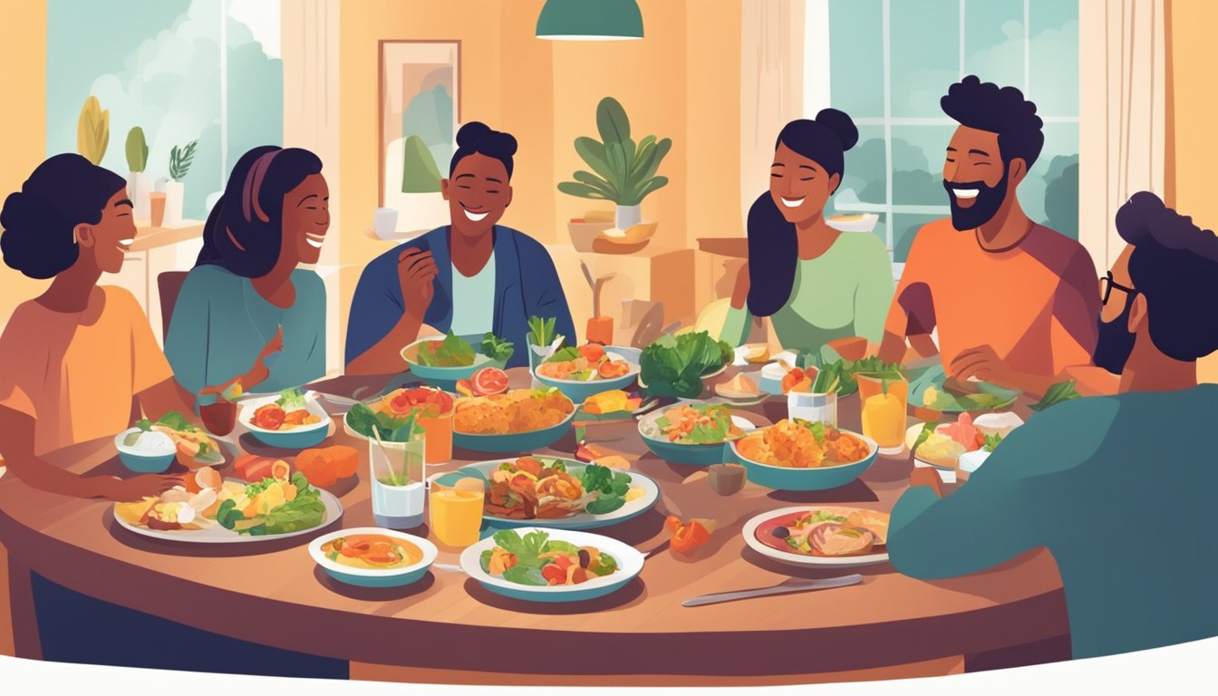 A group of friends enjoying a meal together, with a variety of healthy and colorful dishes spread out on the table. Some are eating while others are chatting and laughing, creating a lively and social atmosphere