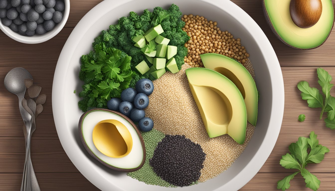 A bowl of cooked white quinoa surrounded by trendy superfoods like avocado, kale, and chia seeds on a wooden table