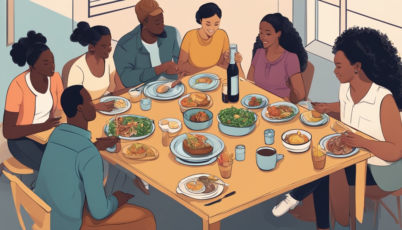 A diverse group of people eating together at a table, some with food and others with empty plates, while engaging in conversation and socializing