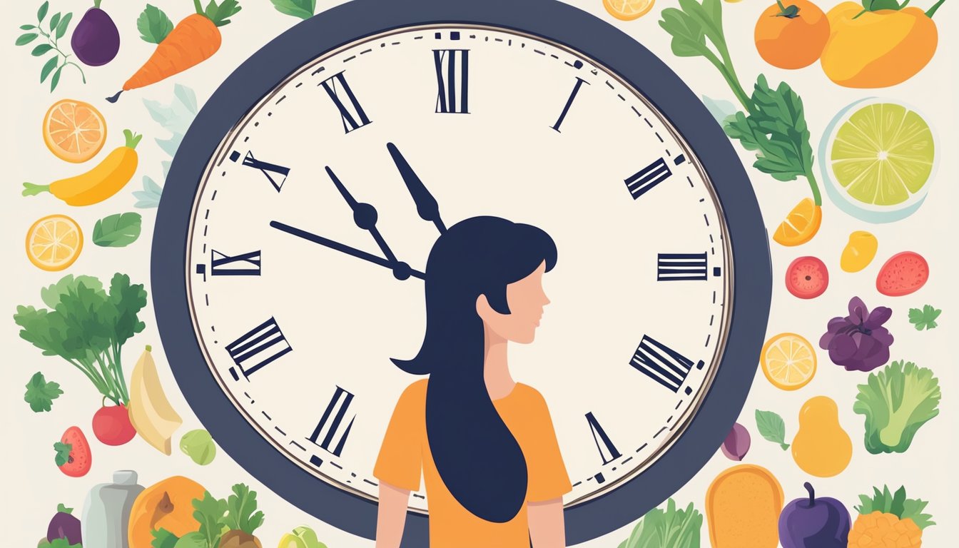 A clock showing 16:8 fasting schedule with healthy food options and a woman's silhouette with a focus on nutrition labels and meal planning