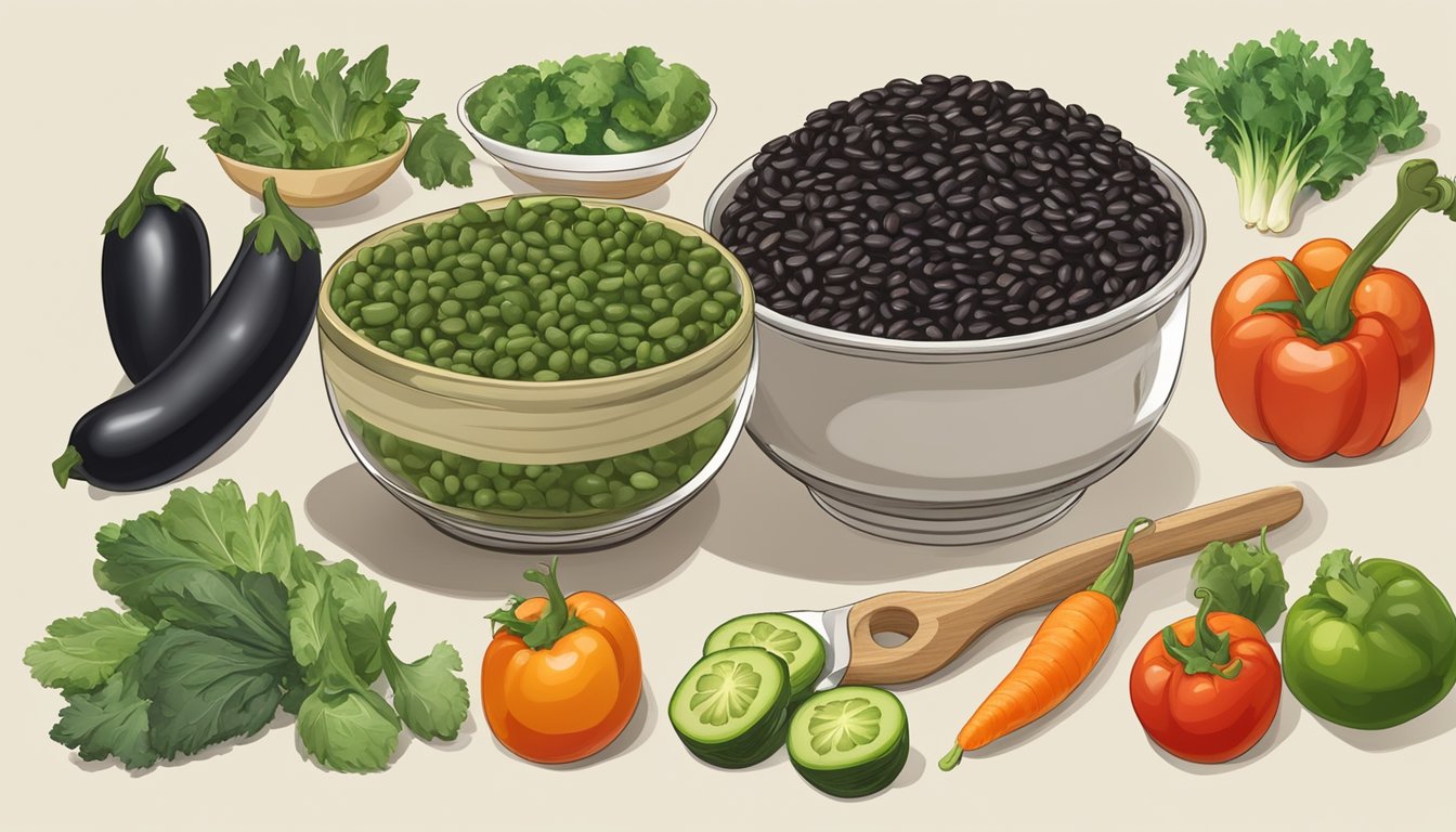 A bowl of Goya black beans surrounded by fresh vegetables and a measuring scale