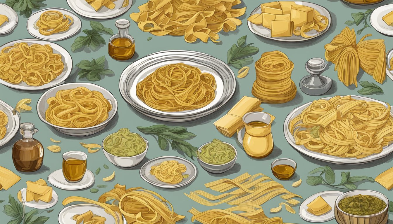 A table with various types of tagliatelle pasta arranged in a decorative manner, surrounded by images or symbols representing the history of pasta