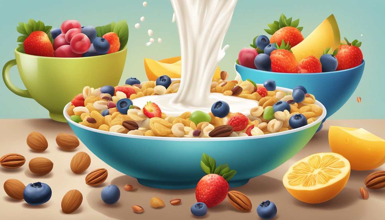 A colorful bowl of cereal surrounded by a variety of fresh fruits and nuts, with a splash of milk pouring from a jug