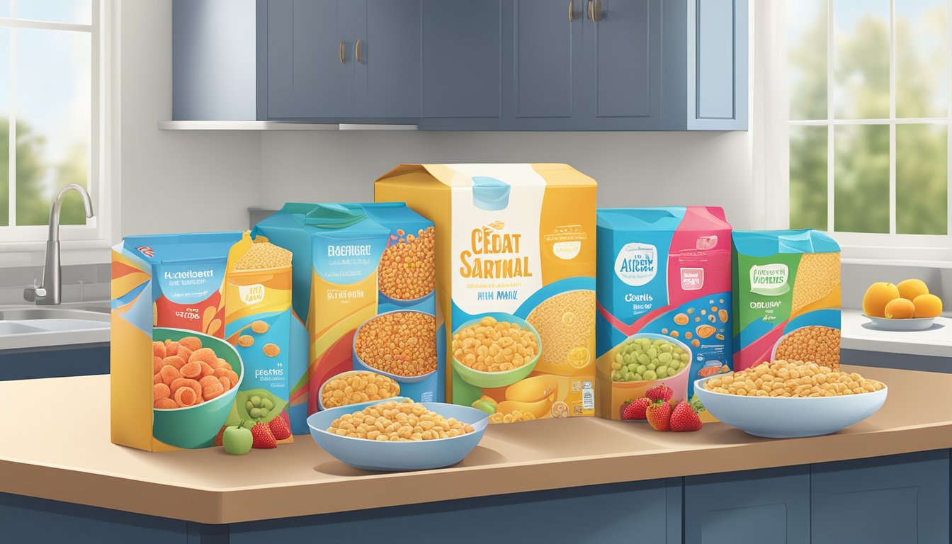 A colorful array of cereal boxes arranged on a kitchen counter, with fruits and a glass of milk nearby