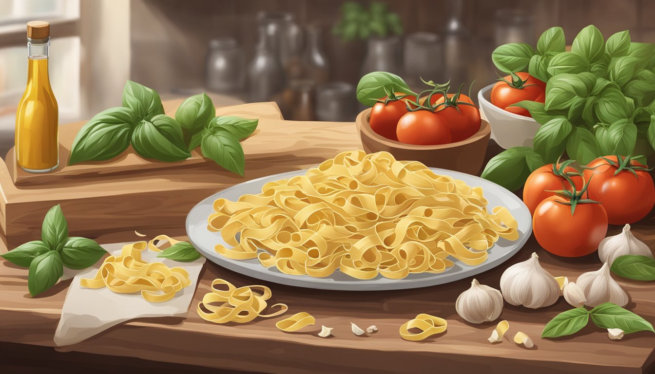 A rustic kitchen table with various packages of top tagliatelle brands scattered on the surface, surrounded by fresh ingredients like tomatoes, basil, and garlic