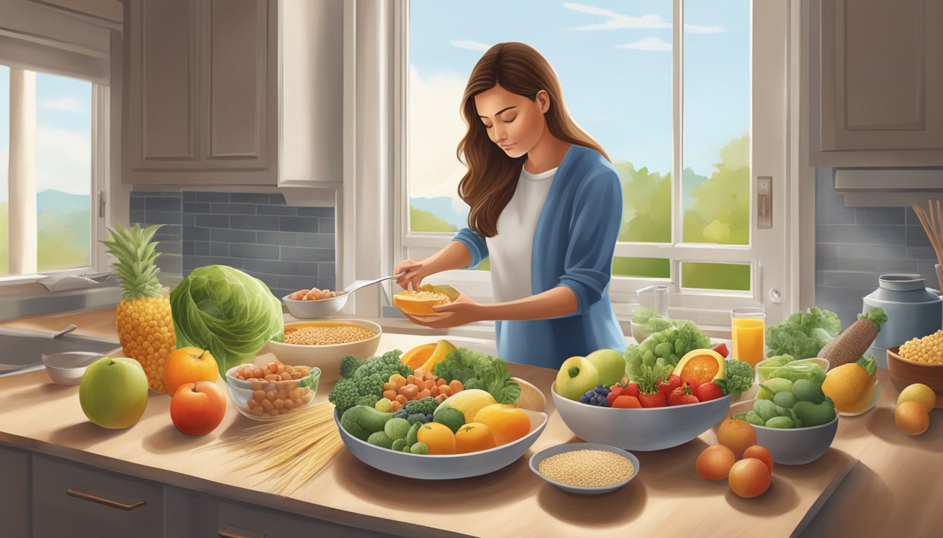 A woman preparing a balanced meal during her 8-hour eating window, surrounded by fresh fruits, vegetables, and whole grains