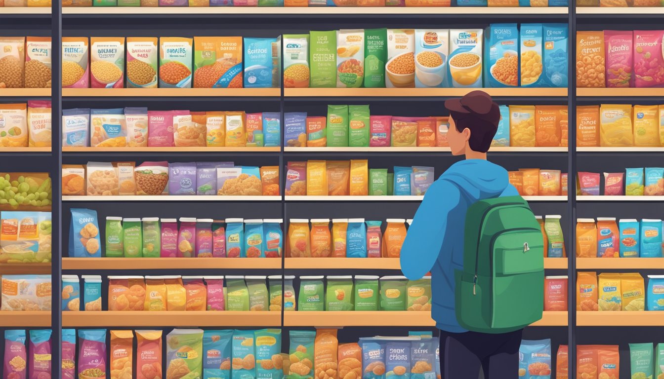 A person standing in front of a row of colorful cereal boxes, carefully comparing the nutrition labels and ingredients to make an informed choice