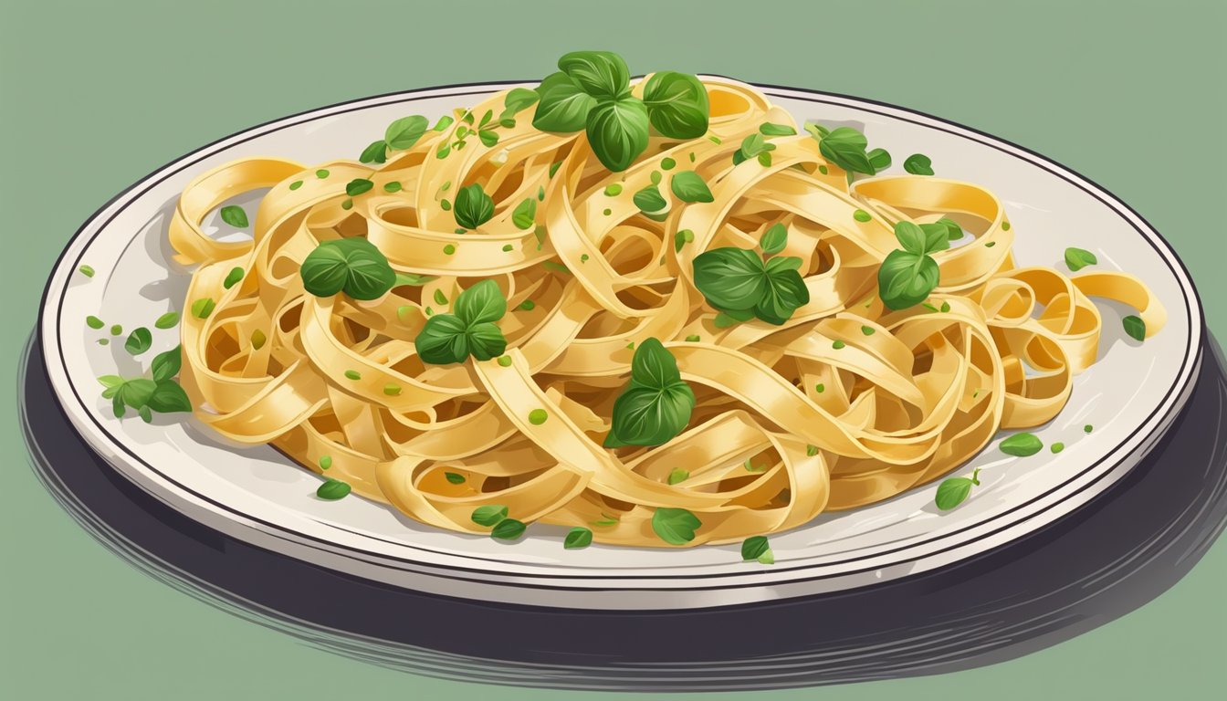 A steaming plate of tagliatelle with its long, flat ribbons intertwined, coated in a savory sauce, garnished with fresh herbs and grated cheese