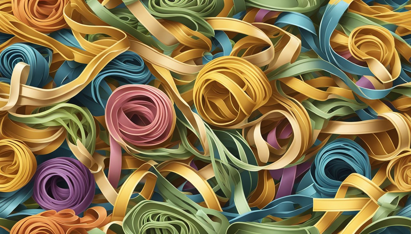 A variety of tagliatelle noodles arranged in colorful and intricate patterns, showcasing different forms and textures