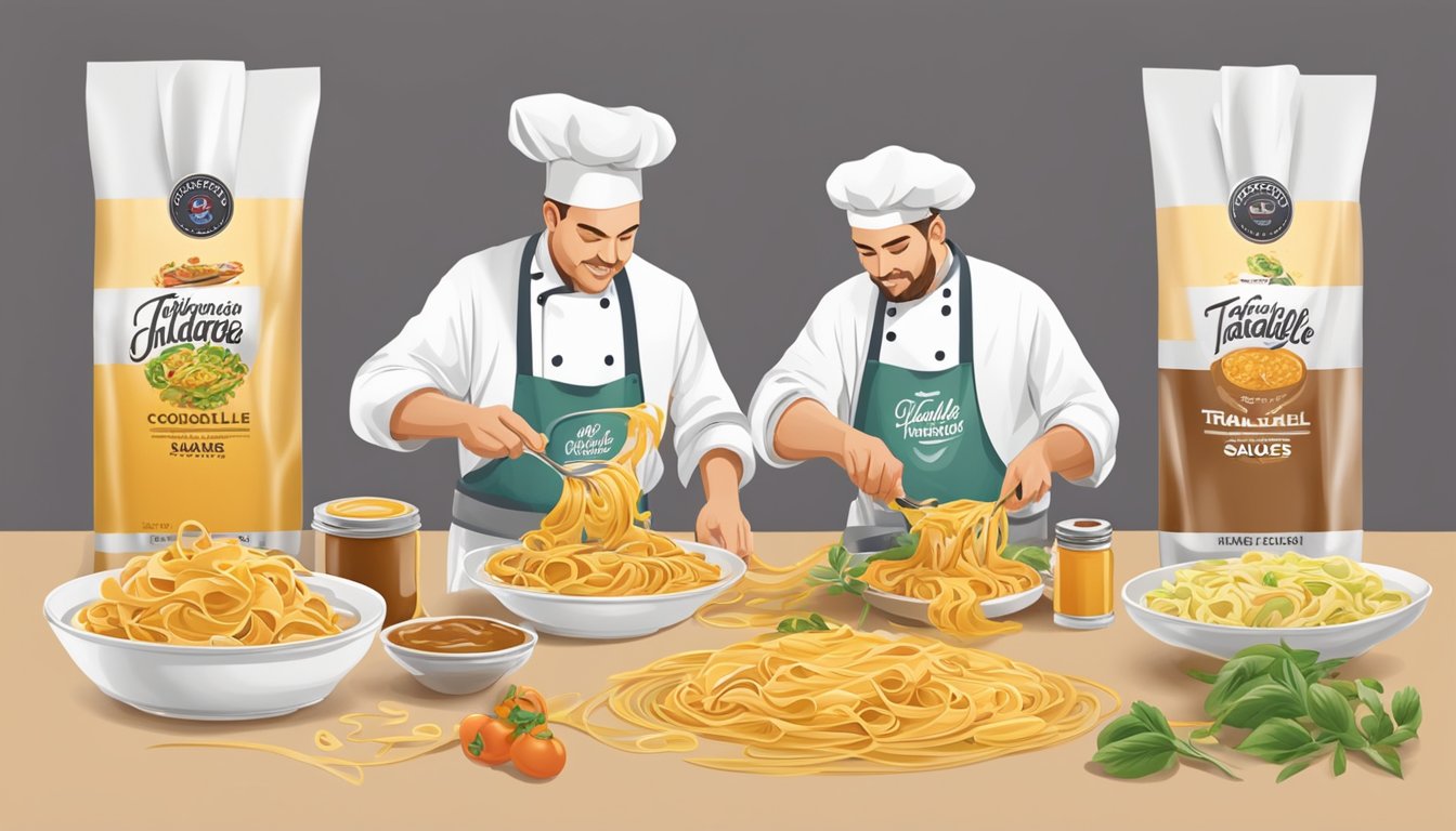 A chef drizzling various sauces onto cooked tagliatelle, surrounded by different brands of tagliatelle packaging